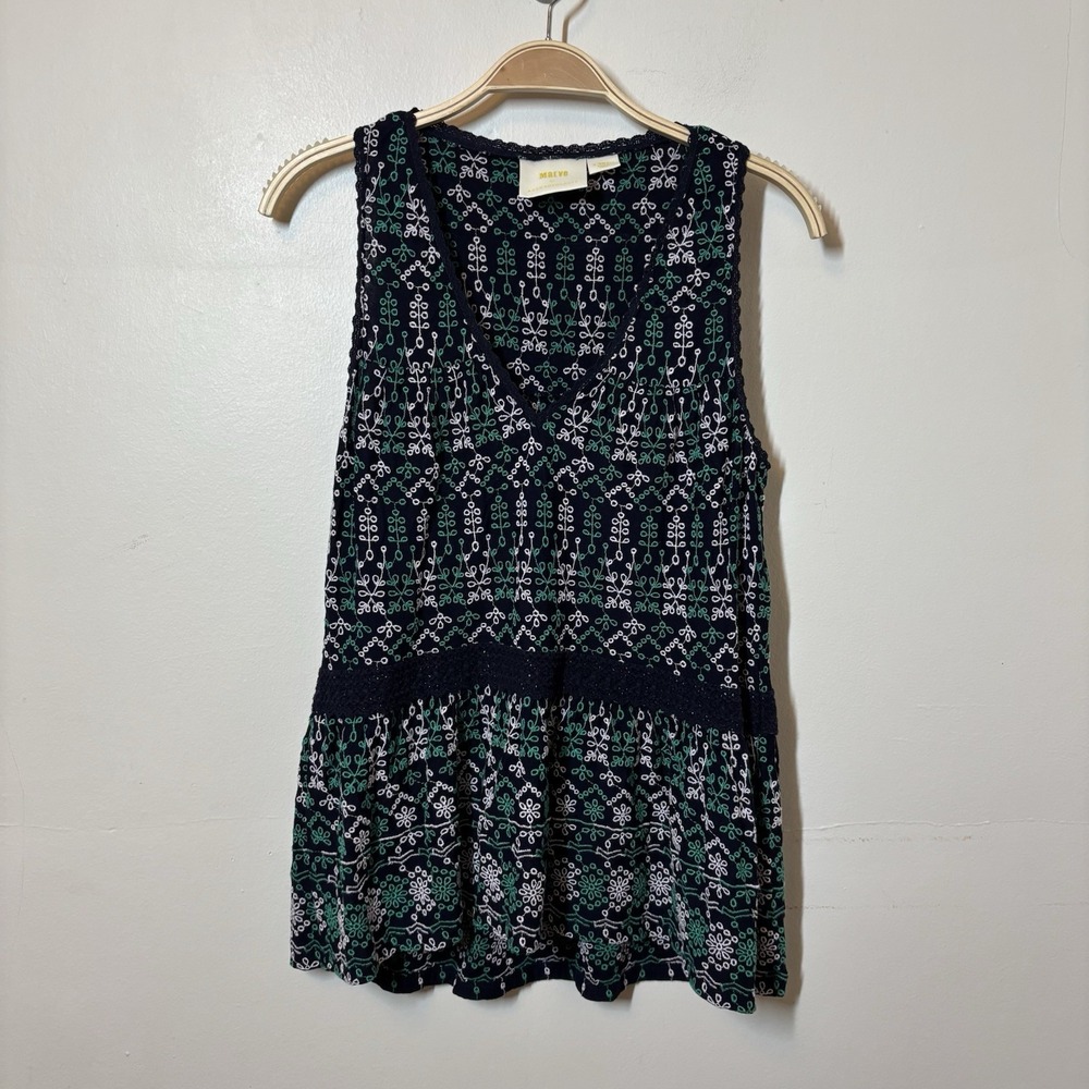 Maeve Cammie Embroidered Blouse Tank Top XS Eyelet Lace Boho Green Anthropologie